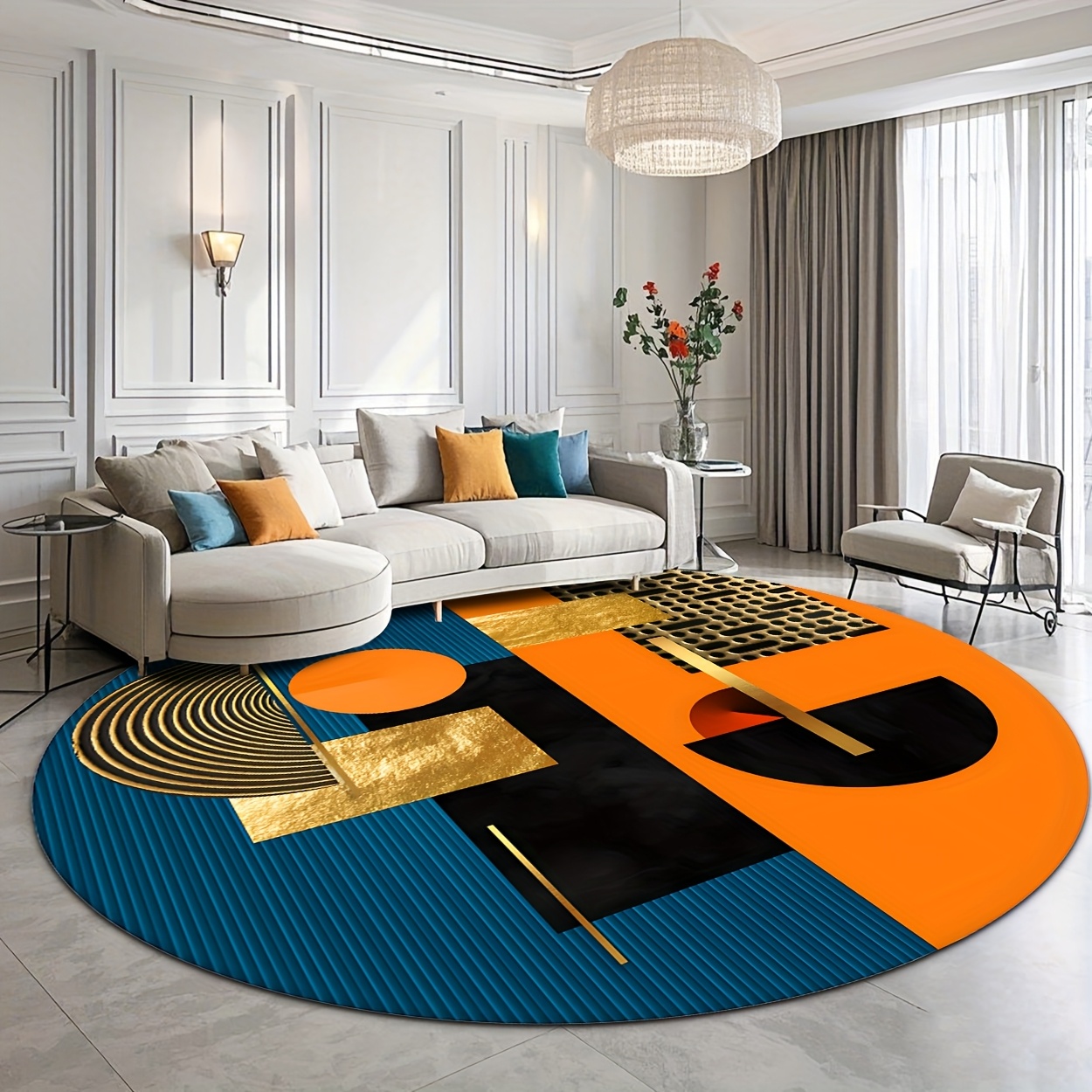 Interior Design Luxury Living Room - Tappeto Rotondo di Lusso Astratto Geometrico